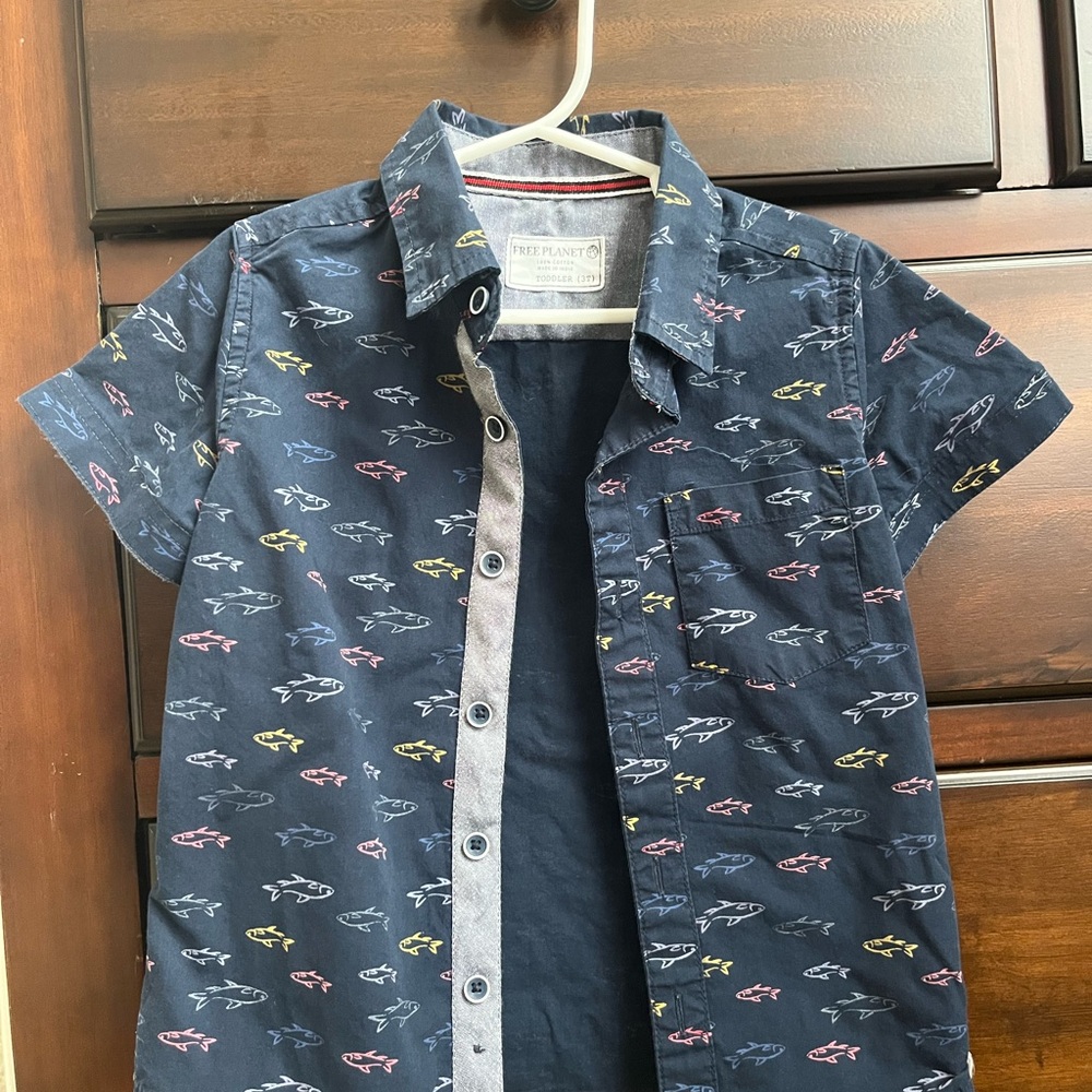 Free Planet Navy Shark Print Button Down Shirt